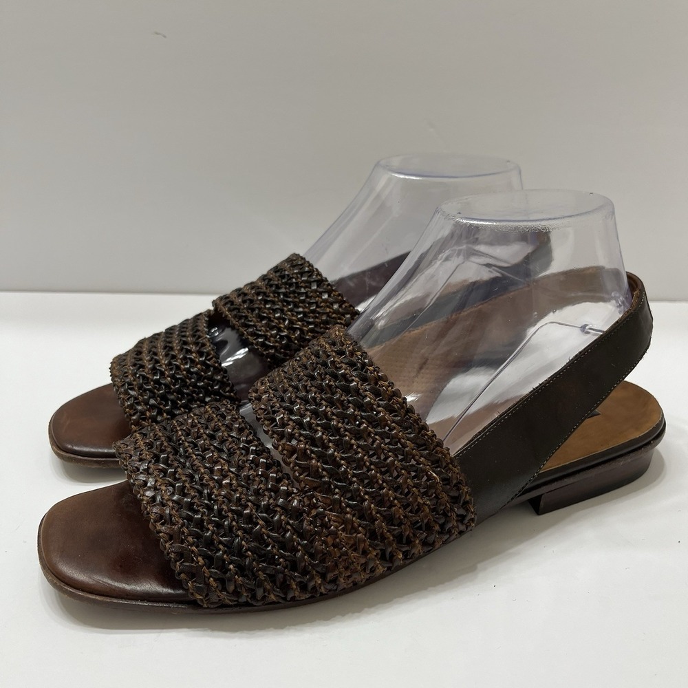 Sesto Meucci Woven Leather Sandals Brown Double Strap Back Strap Buckle Womens 9